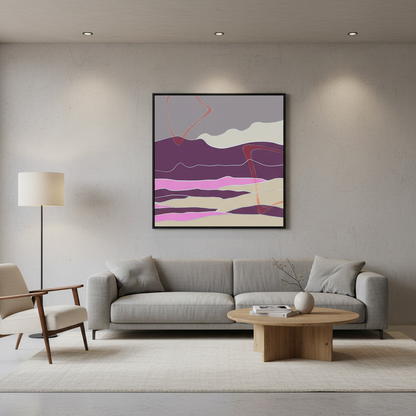 "Almost" Abstract landscape with wavy lines in mauve , pink, beige, and grey.  Shown on a digital display in a contemporary living space.