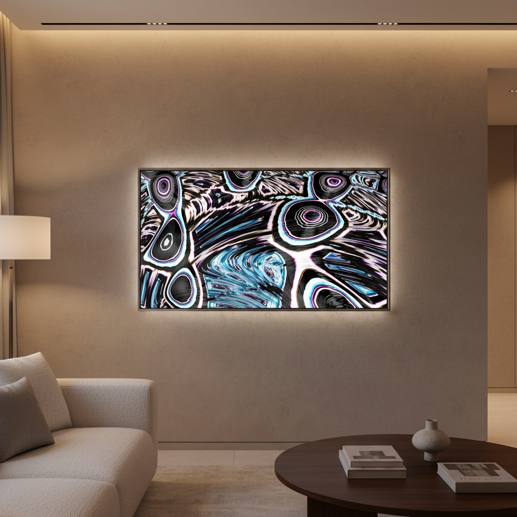Modern living room with a large abstract digital artwork in digital frame on the wall.