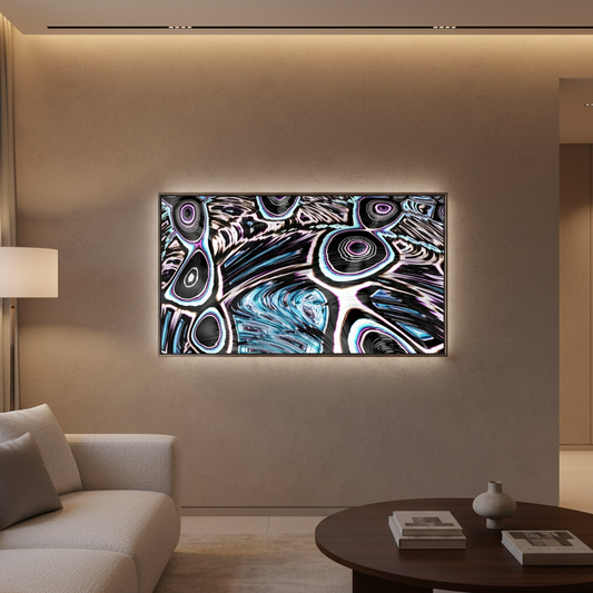 Modern living room with a large abstract digital artwork in digital frame on the wall.