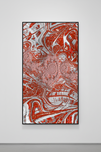 As One — Abstract fractal artwork featuring swirling, flowing lines and ornate spiral motifs in vibrant red and white shown in a black digital frame on a white wall.