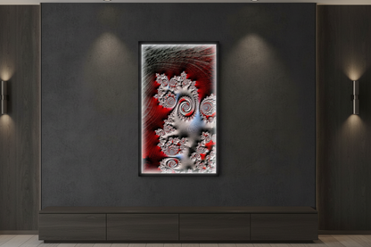 Before — Abstract fractal artwork featuring intricate spiral and branch-like patterns in metallic silver-gray, deep red, and black, presented vertically in a backlit digital frame.
