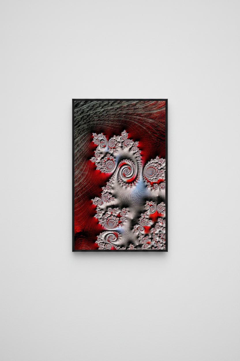 Before —Abstract fractal artwork featuring intricate spiral and branch-like patterns in metallic silver-gray, deep red, and black, presented vertically in a Blackdove-style Digital Canvas.