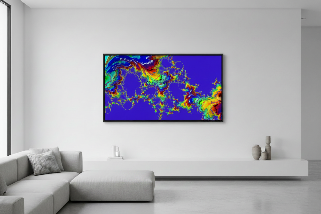 Between Us —Between Us - A colorful abstract fractal artwork with swirling, branching patterns in red, orange, yellow, green, blue, and purple in a modern room.