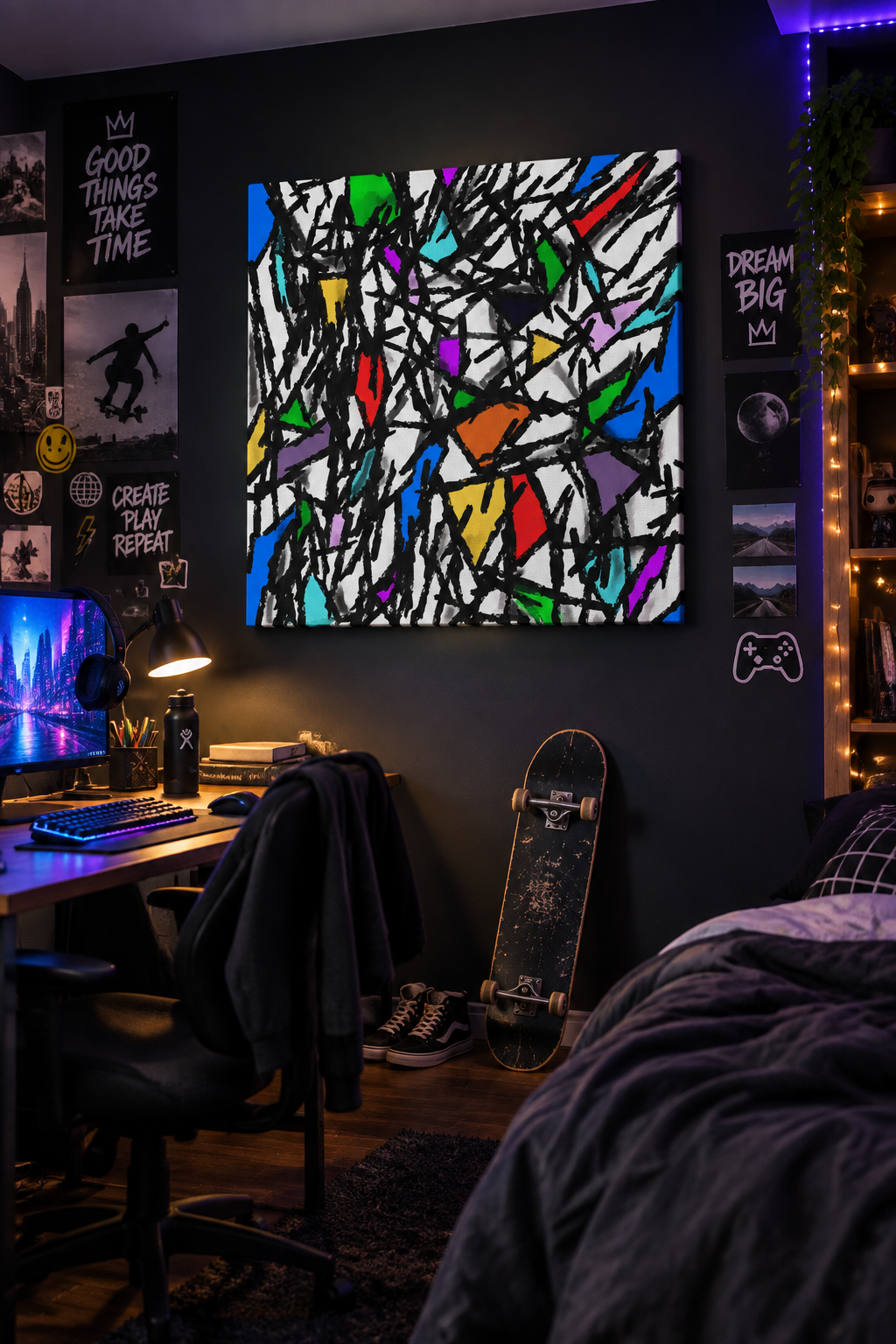 Born of Frustration abstract canvas wall art  displayed in a student style bedrroom setting.