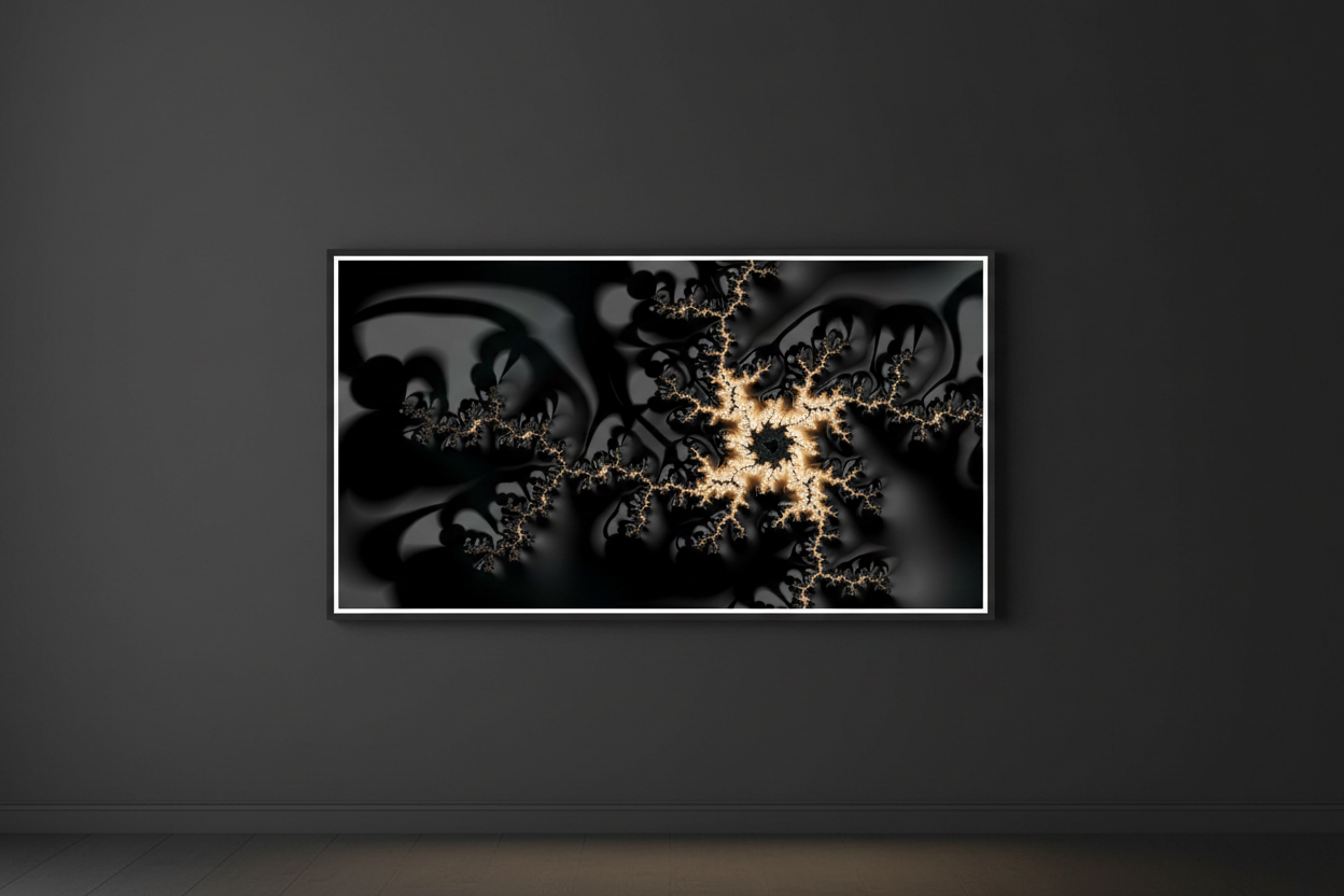 Breakfast Meeting-Abstract fractal artwork with a glowing gold and beige branching pattern over a dark black and gray background presented in a backlit digital frame.