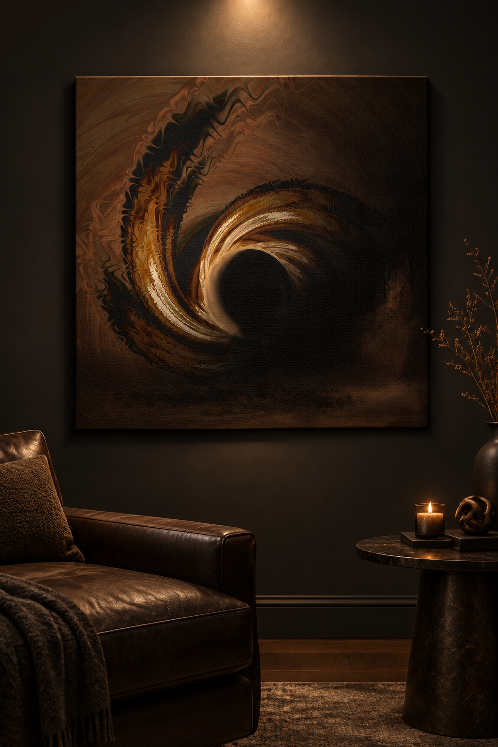 Despite Everything canvas wall art with deep espresso and bronze tones in sophisticated interior.