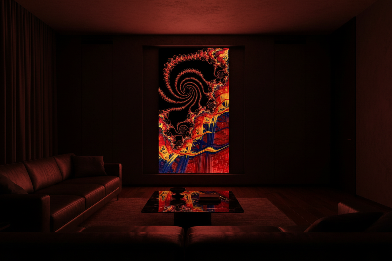 From Beyond — Abstract fractal artwork with a black background, a red spiral pattern, and layered architectural forms in red, orange, yellow, and blue - in a digital frame in a dark room.
