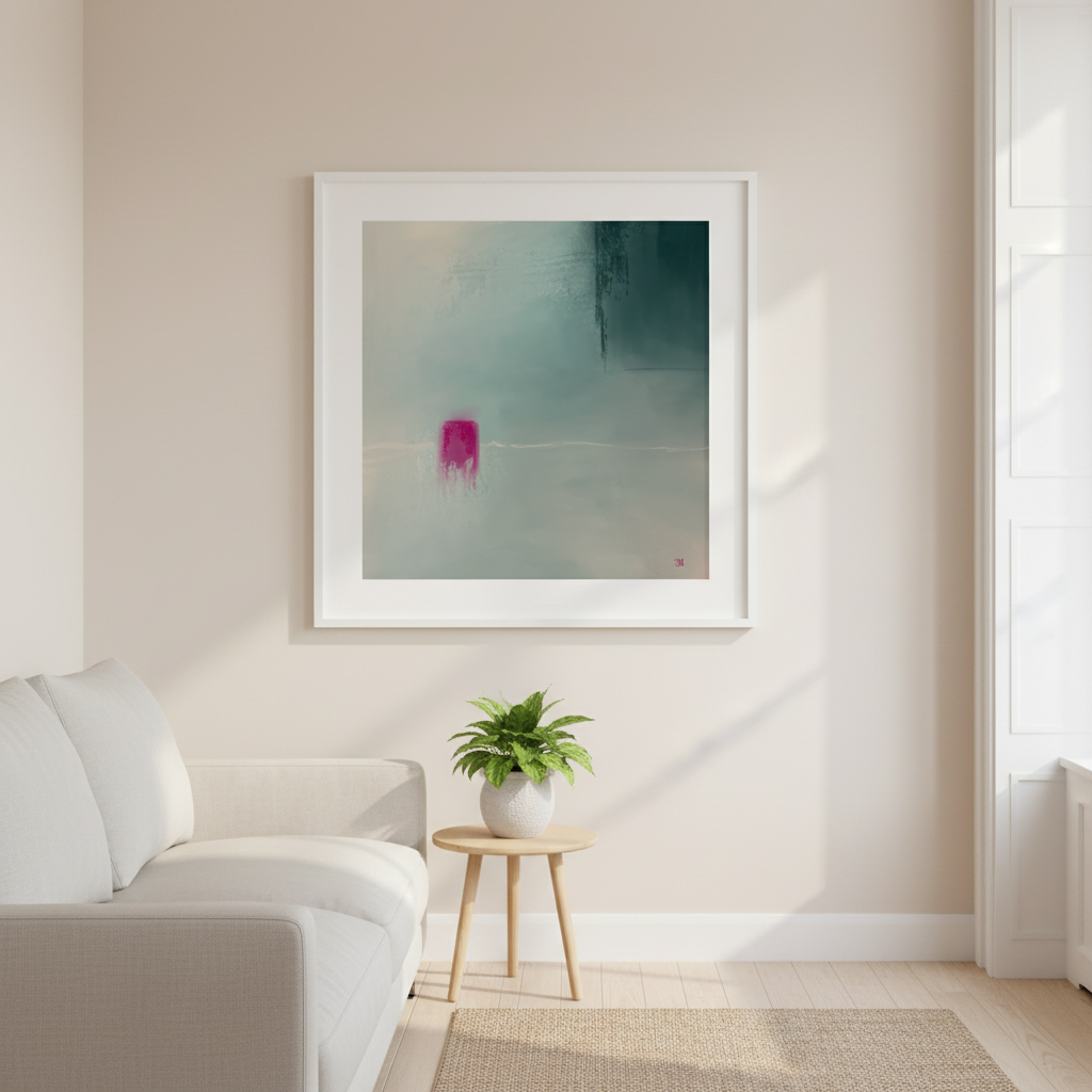 'I Listened' framed abstract artwork in a Scandinavian style living room.