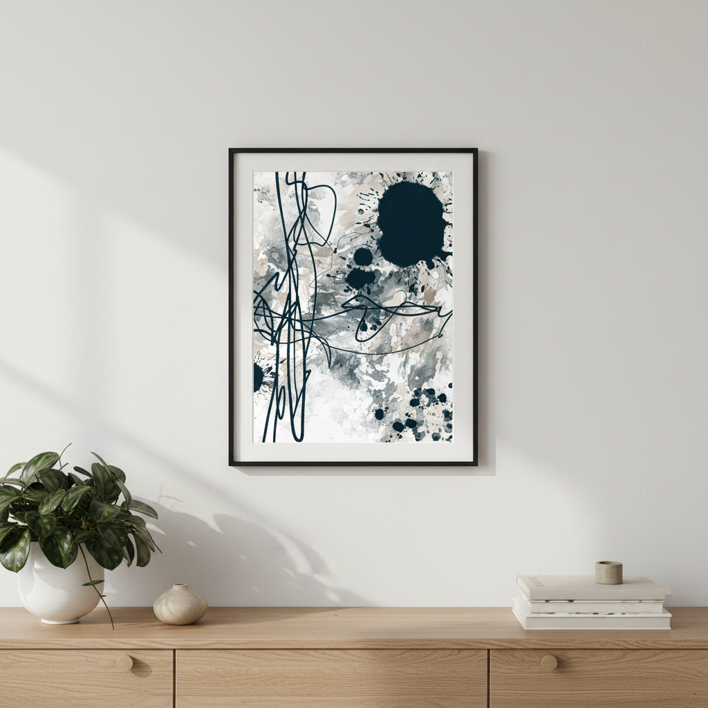 'Ink Dance' - abstract artwork with blue lines and splashes on a muted tonal  background - in a slim frame with a white mat, hung portrait on a white matte wall in a modern room with a sideboard styled with a plant and books
