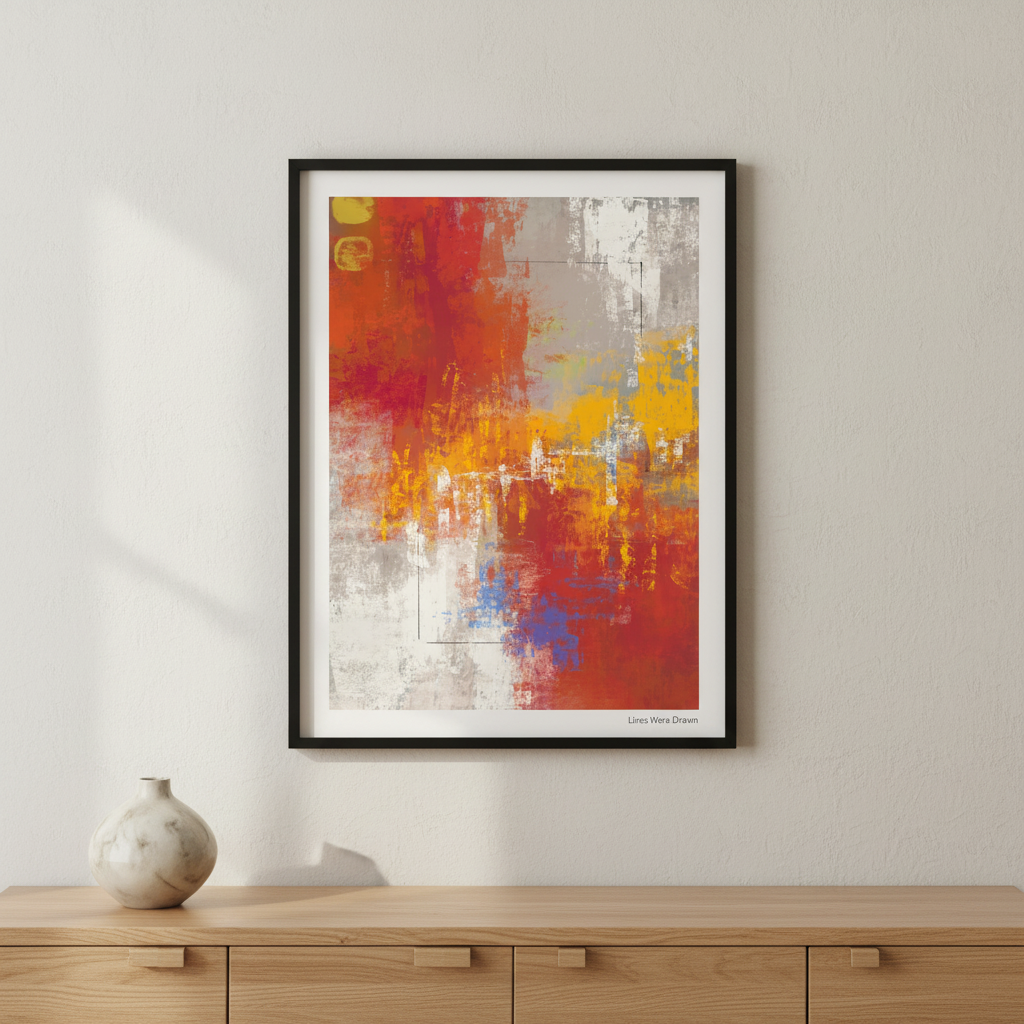 Lines Were Drawn —  Abstract artwork in black frame above a contemporary sideboard.
