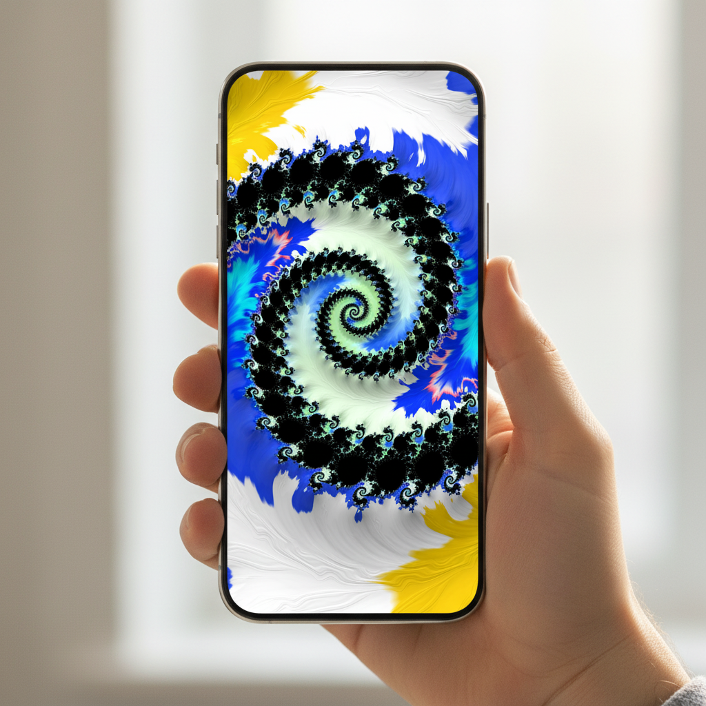 "Pursuit" abstract digital artwork on  iPhone 17 held in hand