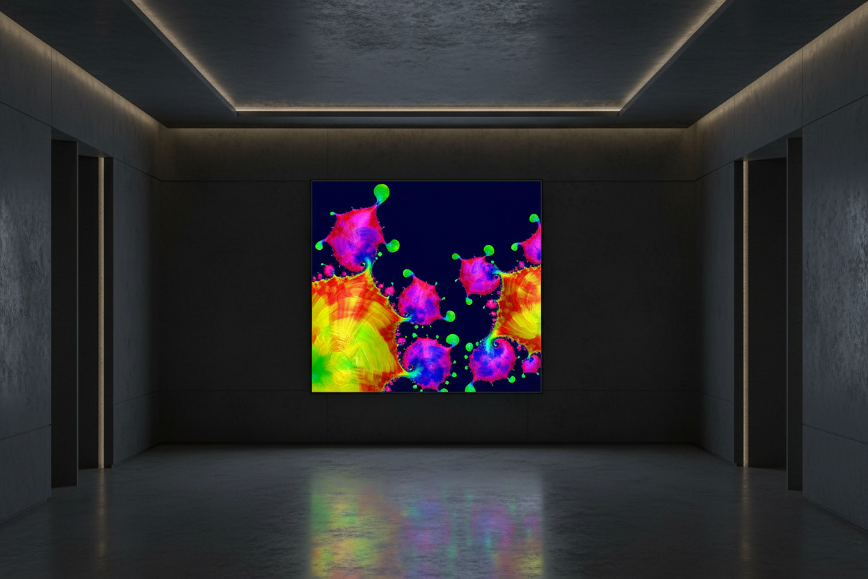 Should 1? - Vibrant abstract fractal artwork with neon pink, purple, blue, green, and yellow organic shapes on a dark navy background displayed in a moody interior.