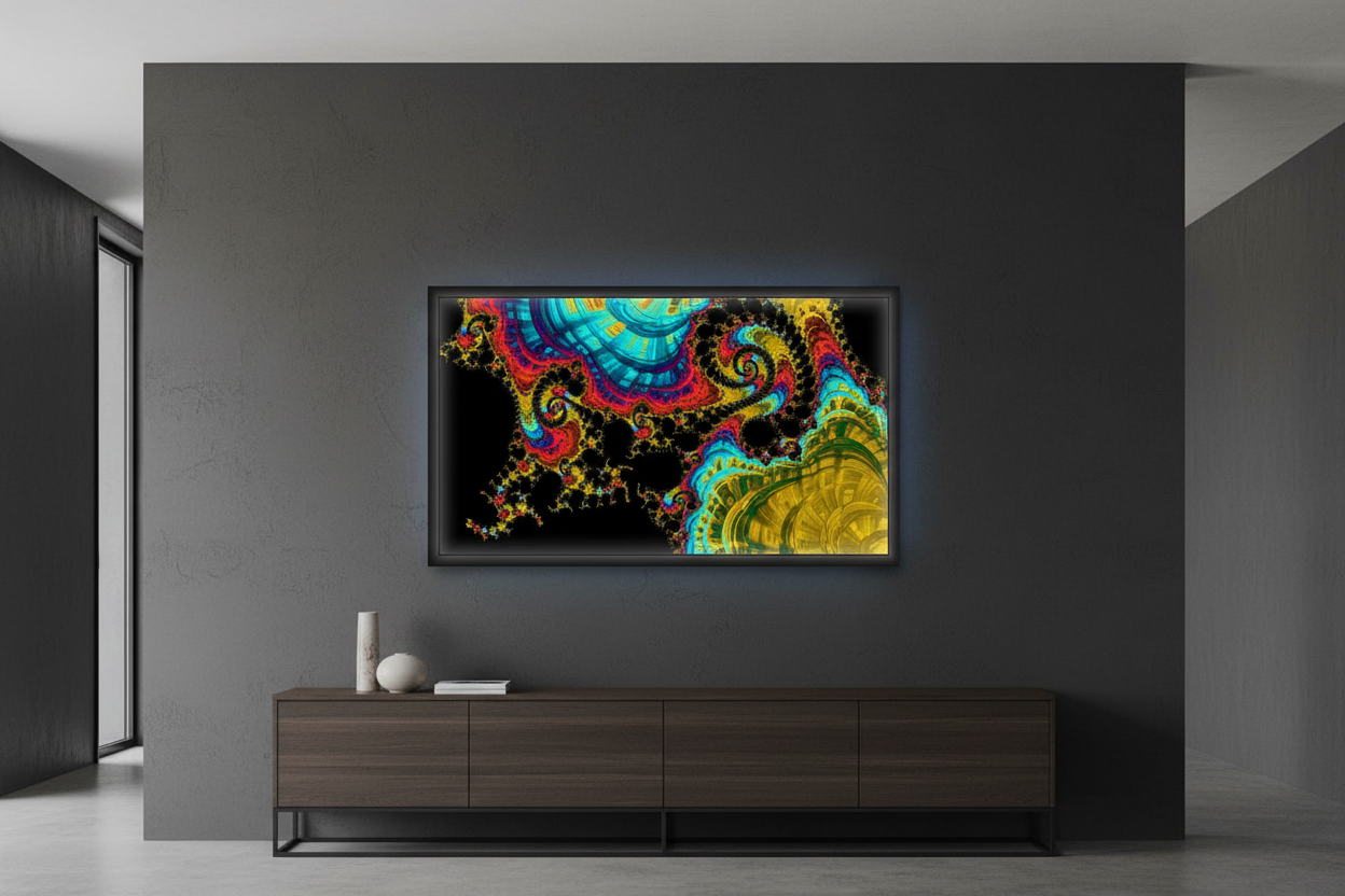 Sorrow and Pride — A colourful abstract fractal artwork with spiral and layered organic patterns in bright cyan, yellow, red, purple, and green on a black field-shown in a digital frame in a contemporary setting.