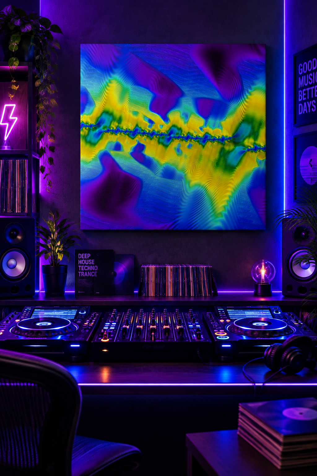 The Precipice - A vibrant, colorful abstract wall art print featuring neon purple, blue, yellow, and green waves, displayed in a DJ studio setting above a turntable and mixing desk.