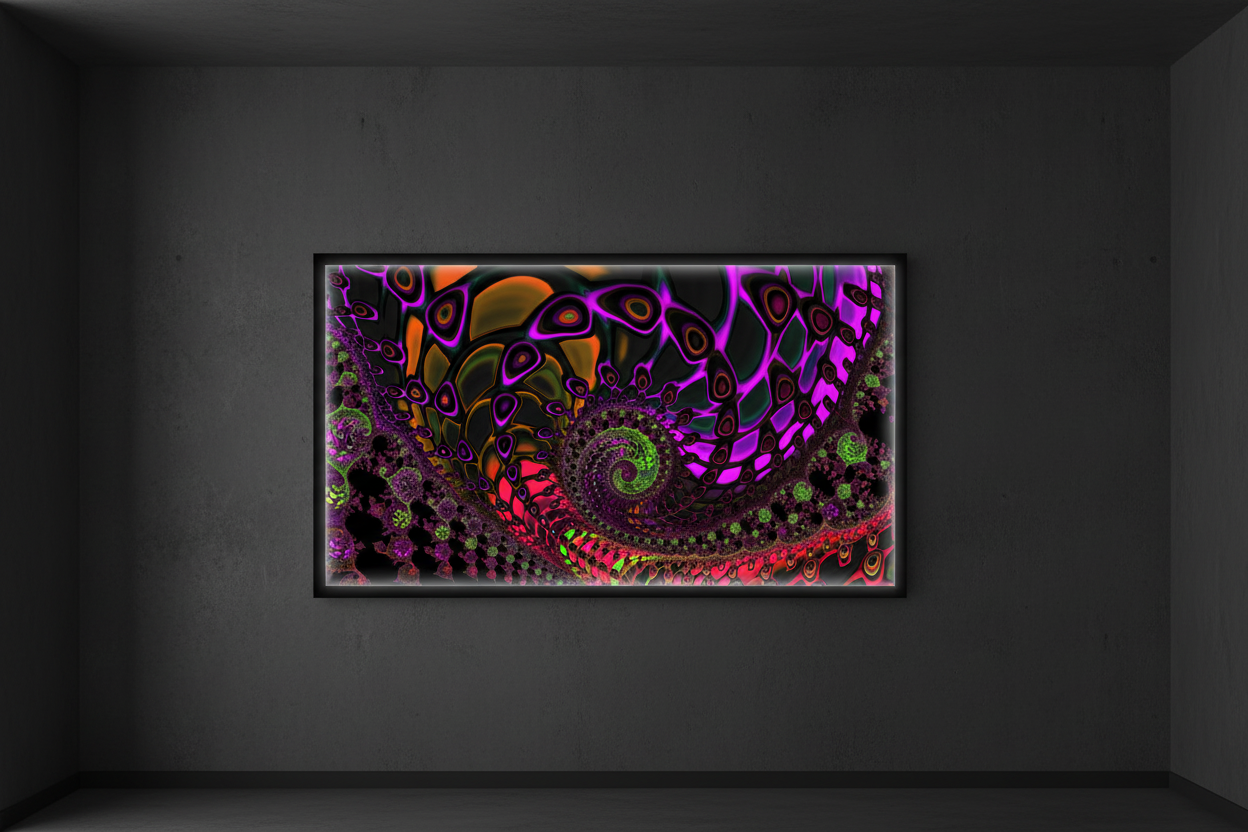 Undivided - fractal abstraction with an hypnotic spiral structure in an electric colour palette showcased in a backlit digital frame.