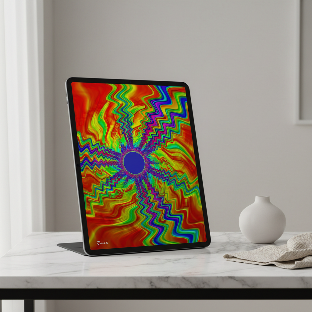 Warmth Wanted In digital artwork displayed on an iPad atop a marble table.
