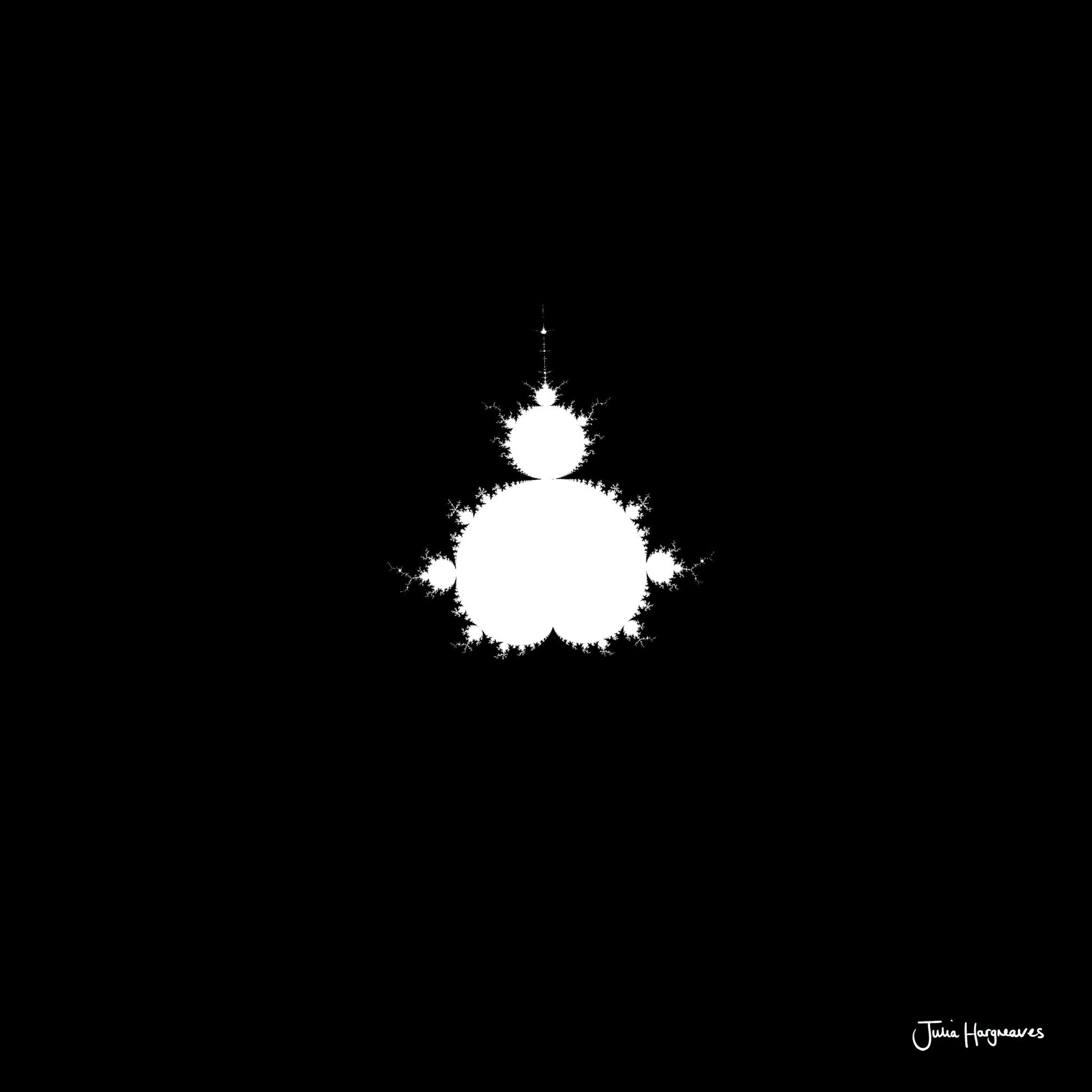 A fractal artwork by Julia Hargreaves, 'F-002,' from the 'Fraxibrots' series of works, depicts a classic white Mandelbrot motif on a black background. 