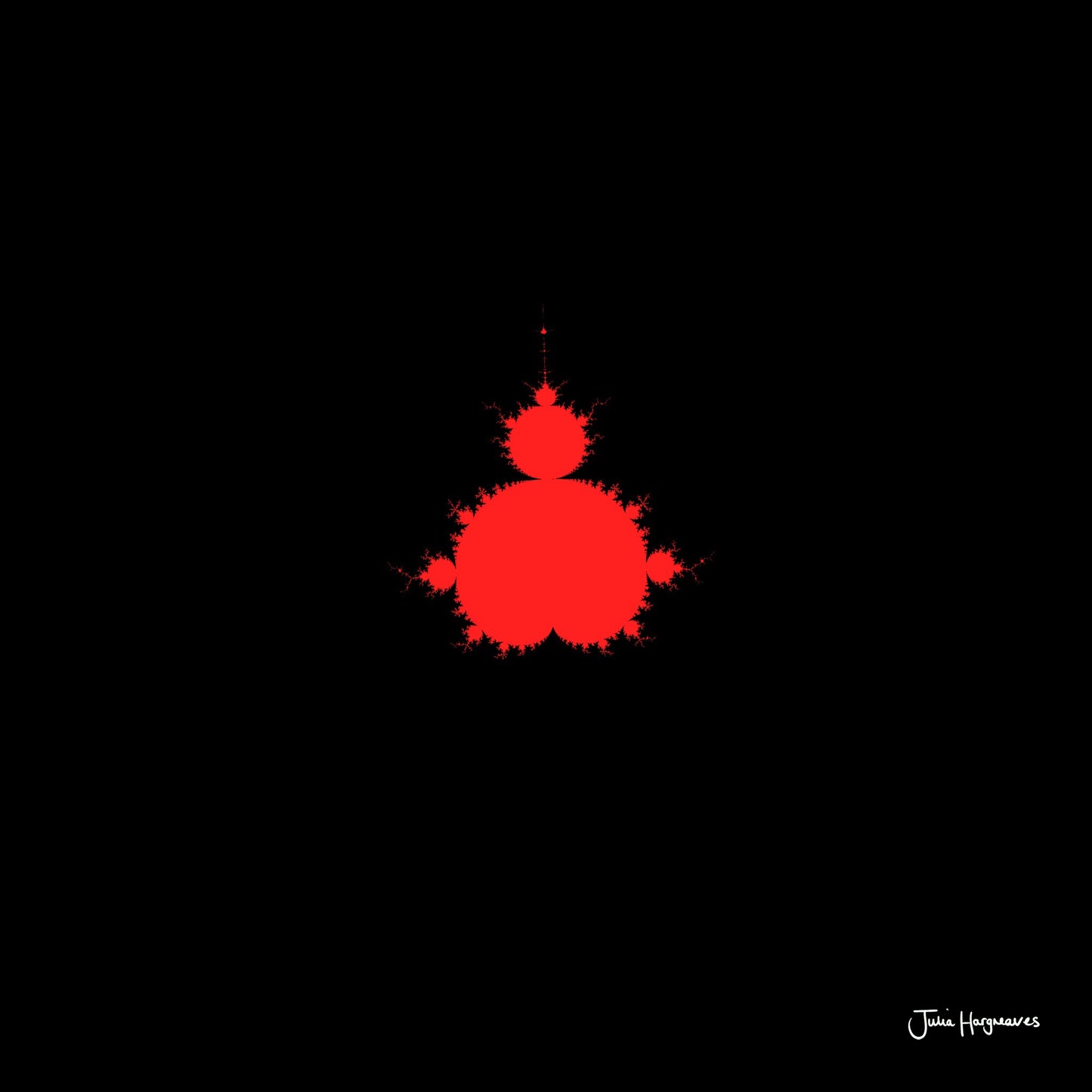 A fractal artwork by Julia Hargreaves, 'F-003,' from the 'Fraxibrots' series of works, depicts a classic red Mandelbrot motif on a black background.