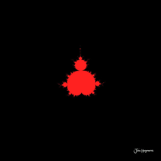 A fractal artwork by Julia Hargreaves, 'F-003,' from the 'Fraxibrots' series of works, depicts a classic red Mandelbrot motif on a black background.