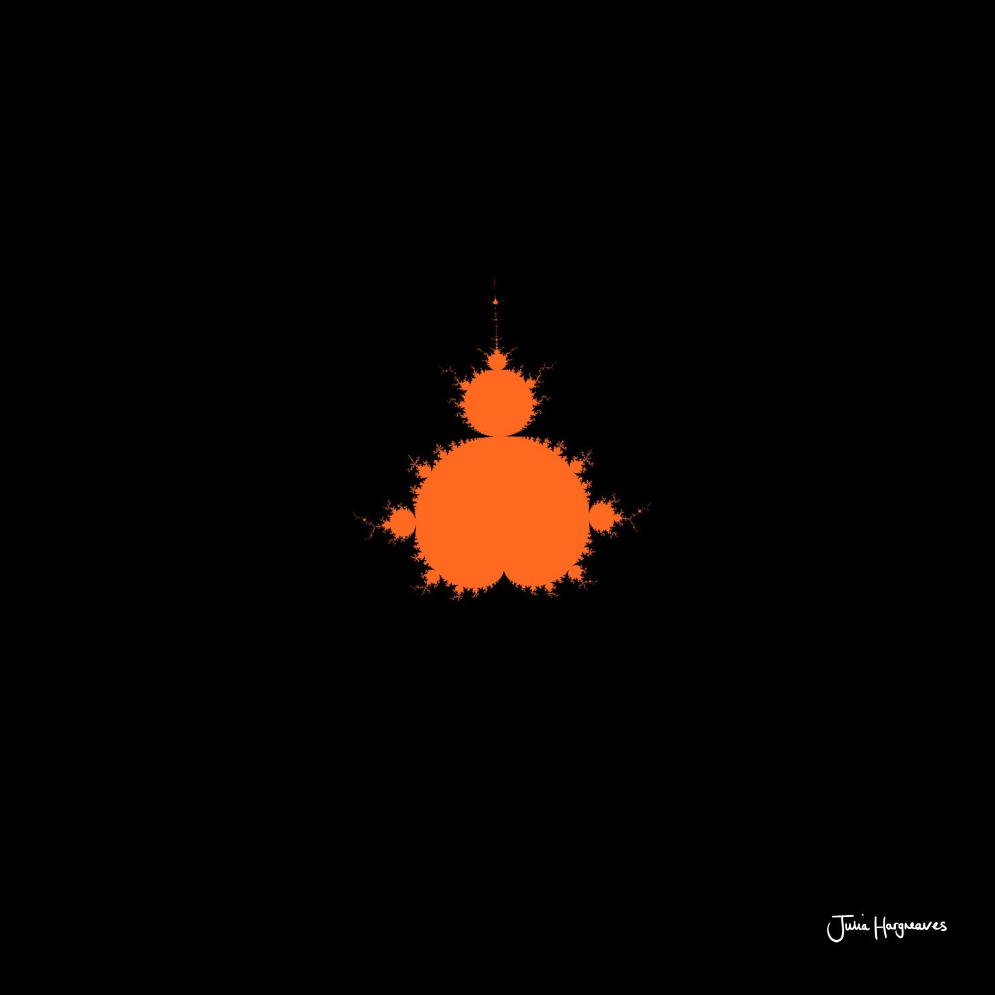 A fractal artwork by Julia Hargreaves, 'F-004,' from the 'Fraxibrots' series of works, depicts a classic orange Mandelbrot motif on a black background.