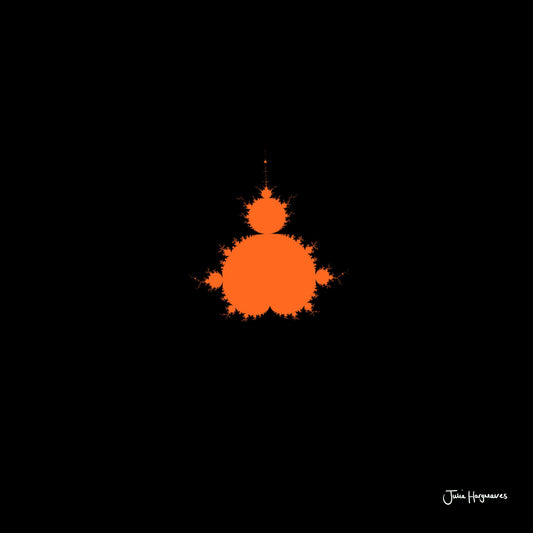 A fractal artwork by Julia Hargreaves, 'F-004,' from the 'Fraxibrots' series of works, depicts a classic orange Mandelbrot motif on a black background.