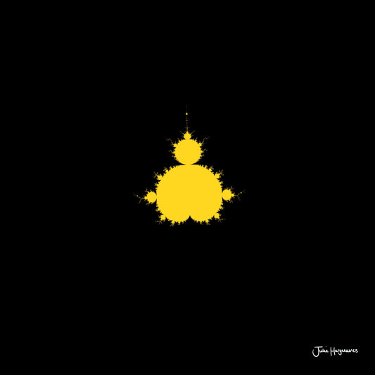 A fractal artwork by Julia Hargreaves, 'F-005,' from the 'Fraxibrots' series of works, depicts a classic yellow Mandelbrot motif on a black background.