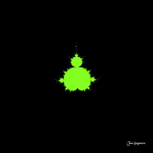 A fractal artwork by Julia Hargreaves, 'F-006,' from the 'Fraxibrots' series of works, depicts a classic green Mandelbrot motif on a black background.