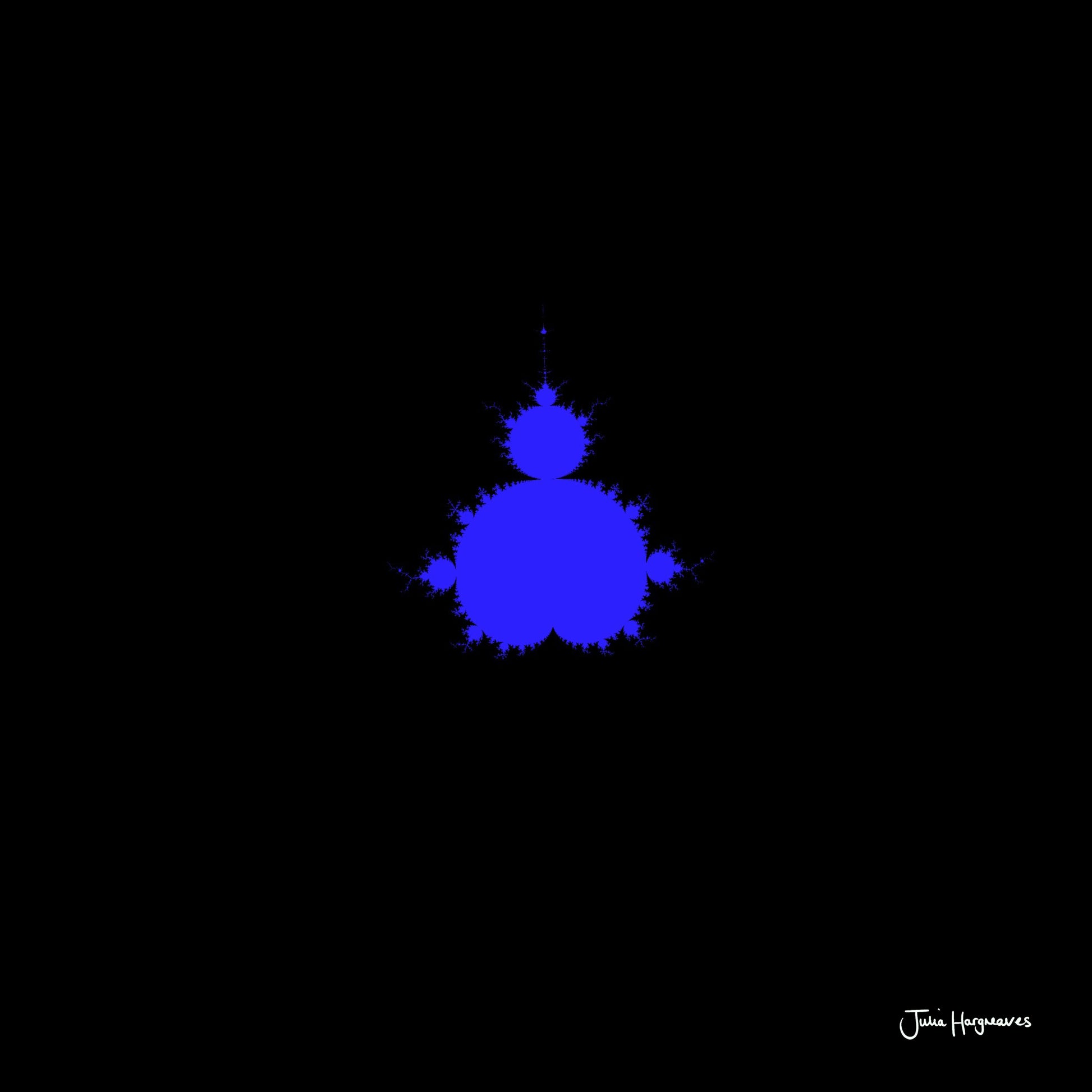 A fractal artwork by Julia Hargreaves, 'F-007,' from the 'Fraxibrots' series of works, depicts a classic blue Mandelbrot motif on a black background.