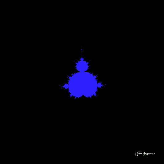 A fractal artwork by Julia Hargreaves, 'F-007,' from the 'Fraxibrots' series of works, depicts a classic blue Mandelbrot motif on a black background.