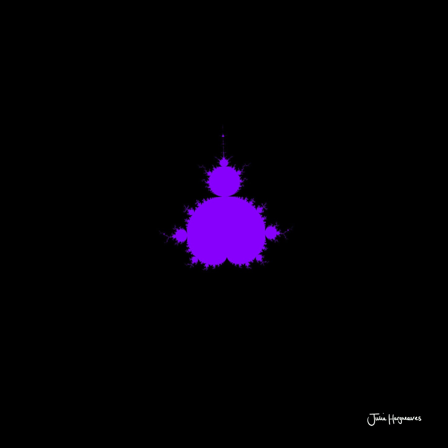 A fractal artwork by Julia Hargreaves, 'F-008,' from the 'Fraxibrots' series of works, depicts a classic indigo Mandelbrot motif on a black background.