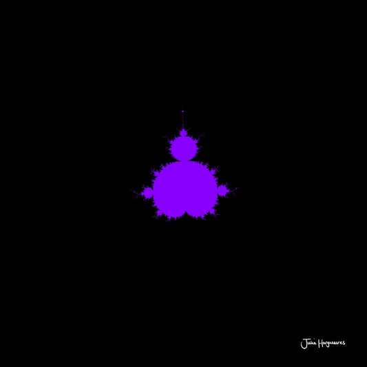 A fractal artwork by Julia Hargreaves, 'F-008,' from the 'Fraxibrots' series of works, depicts a classic indigo Mandelbrot motif on a black background.