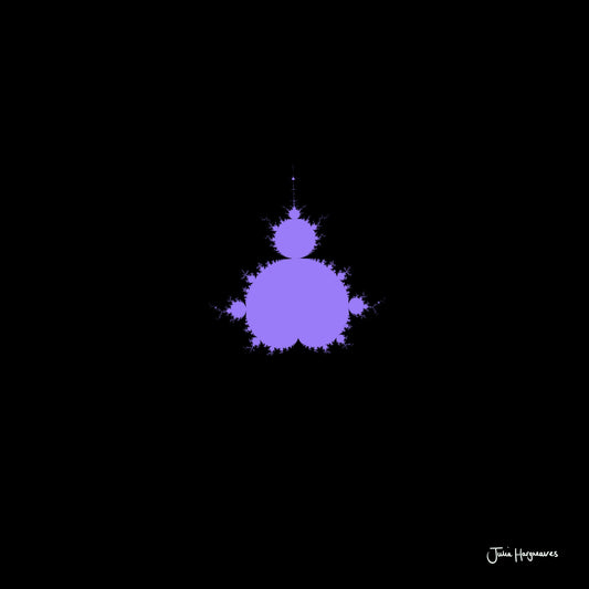 A fractal artwork by Julia Hargreaves, 'F-009,' from the 'Fraxibrots' series of works, depicts a classic violet Mandelbrot motif on a black background.