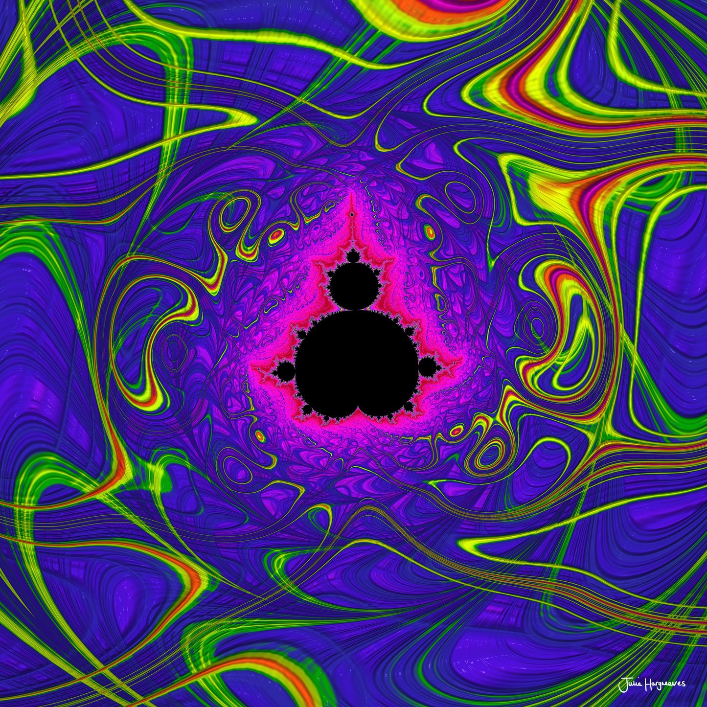 A fractal artwork by Julia Hargreaves, ‘F-011,’ from the ‘Fraxibrots’ series of works, depicts a classic Mandelbrot motif in the centre, surrounded by a symphony of colours, shapes and lines.  The Mandelbrot is black with a red outline and pink aura that permeates the textured indigo background contrasting with rhythmic bright colours.